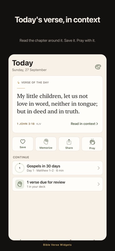 Bible Verse: Today screen with the verse of the day, reading plan and memory review