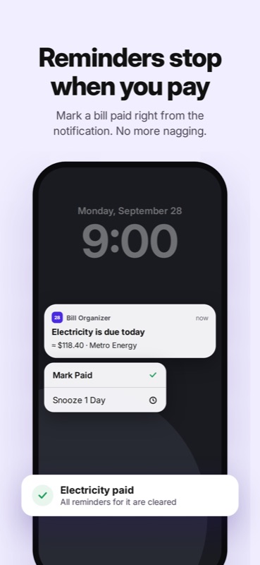 Bill Organizer: Lock Screen reminder with Mark Paid and Snooze 1 Day actions
