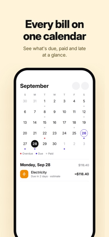 Bill Organizer: Month calendar with overdue, due and paid markers