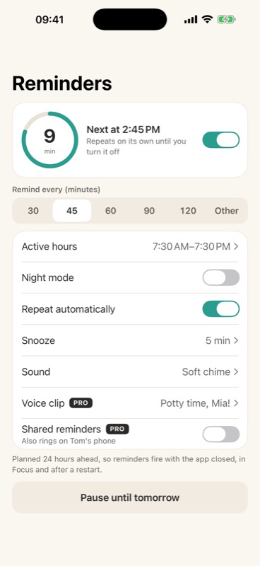 Potty Days: Repeating reminders with an interval, active hours and a Lock Screen countdown