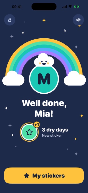 Potty Days: Celebration after a success, with fireworks and Pip the cloud