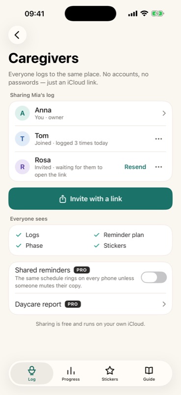 Potty Days: Caregivers sharing one child's log through an iCloud link