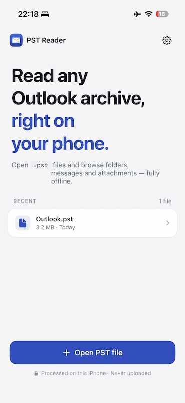 PST Reader:Welcome screen with recent files